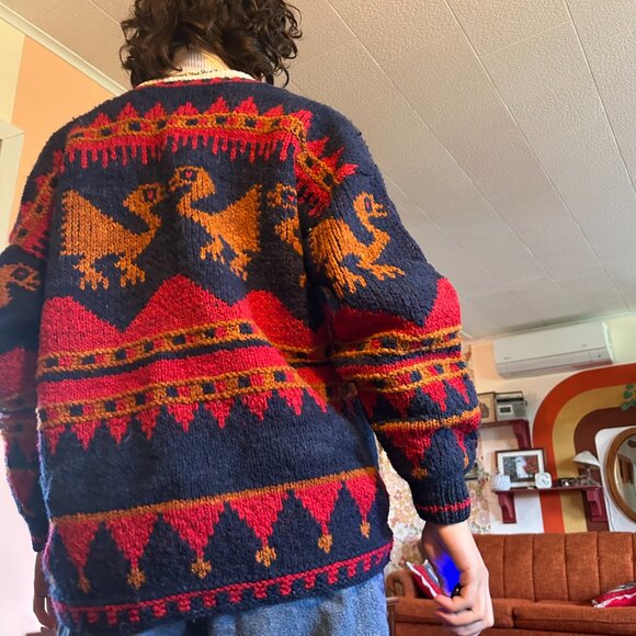 70s 80s 100% pure wool knitted red and blue cardigan - Toshy Made In Bolivia! - Picture 8 of 15